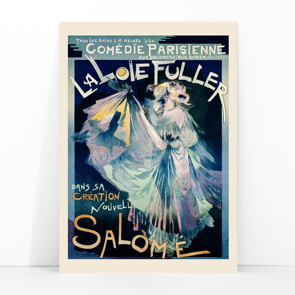 Poster of Comedie Parisienne featuring Loie Fuller by Georges de Feure colorful dancer in flowing dress artwork, framed and displayed in modern living room decor