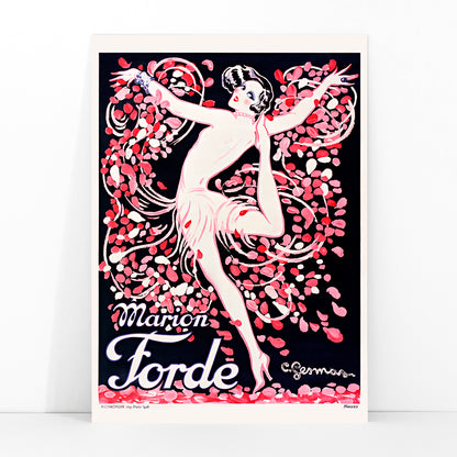 Art Deco poster of Marion Forde by Charles Gesmar featuring a dancer in a pink dress surrounded by vibrant swirling petals, framed and displayed in modern living room decor