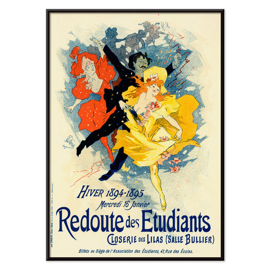 Colorful dancers in festive attire and vibrant costumes featured in Redoute Des Etudiants by Jules Cheret vintage poster with bold text, with black aluminium frame on white background