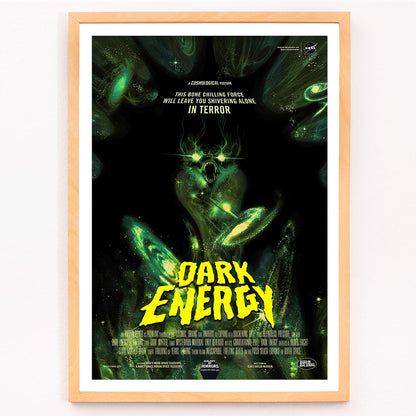 Dark Energy by NASA space-themed poster featuring a menacing alien monster dark eerie illustration and glowing green text, framed and displayed in modern living room decor