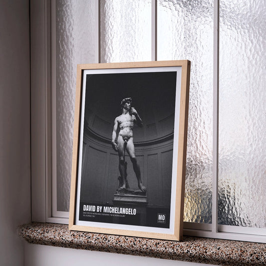 Michelangelo Buonarroti David sculpture and poster at Mo Art Gallery Florence, framed and displayed in home decor