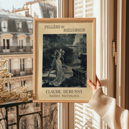 Artistic poster for Claude Debussy and Maurice Maeterlincks Pelleas et Melisande at Theatre de lOpera Comique featuring characters by a river for the premiere, framed and displayed in home decor