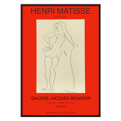 Henri Matisse minimalist line drawing of standing figure for Exposition Matisse poster at Galerie Jacques Benador Geneve exhibition, with black aluminium frame on white background