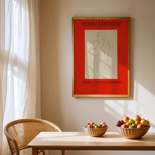 Henri Matisse minimalist line drawing of standing figure for Exposition Matisse poster at Galerie Jacques Benador Geneve exhibition, framed and displayed in home decor