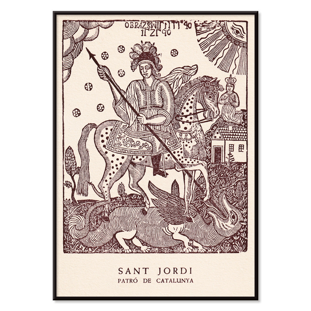 Sant Jordi slaying a dragon on horseback medieval artwork and poster knight with spear Patro de Catalunya, with black aluminium frame on white background