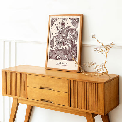 Sant Jordi slaying a dragon on horseback medieval artwork and poster knight with spear Patro de Catalunya, framed and displayed in home decor