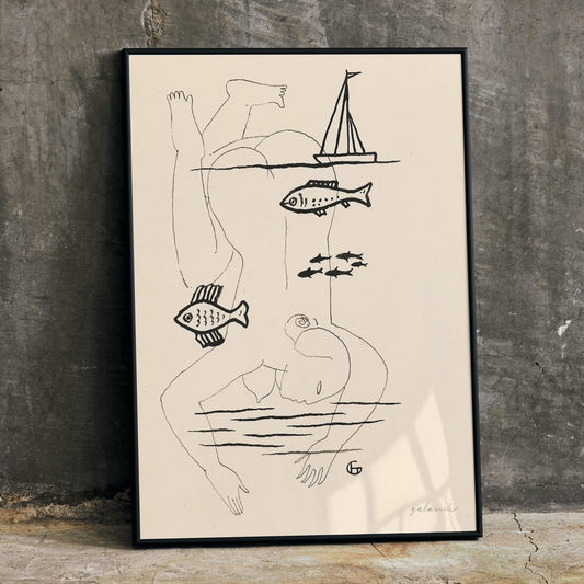 Drowned by Mikuláš Galanda surreal minimalist line drawing poster featuring abstract human figure fish and sailboat, framed and displayed in home decor