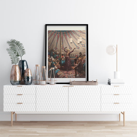 Egyptian dancer performing in a tent with musicians and spectators poster artwork by Willem de Famars Testas, framed and displayed in home decor