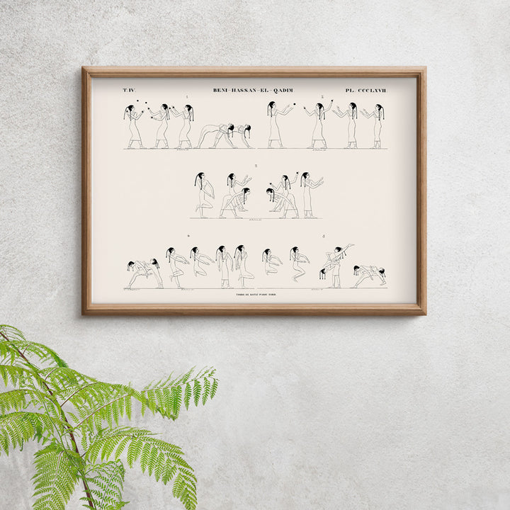 Ancient Egyptian wrestling scene and poster with line drawings from Tomb of Rotei north wall by Jean Francois Champollion, framed and displayed in home decor