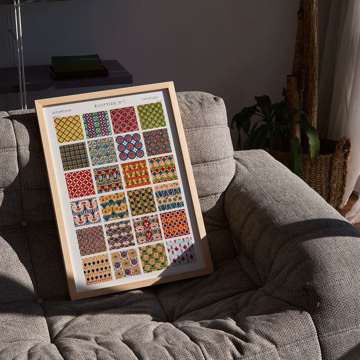 Colorful Egyptian geometric patterns artwork Egyptian 7 by Owen Jones from Century Grammar of Ornament book vibrant poster design, framed and displayed in modern living room decor