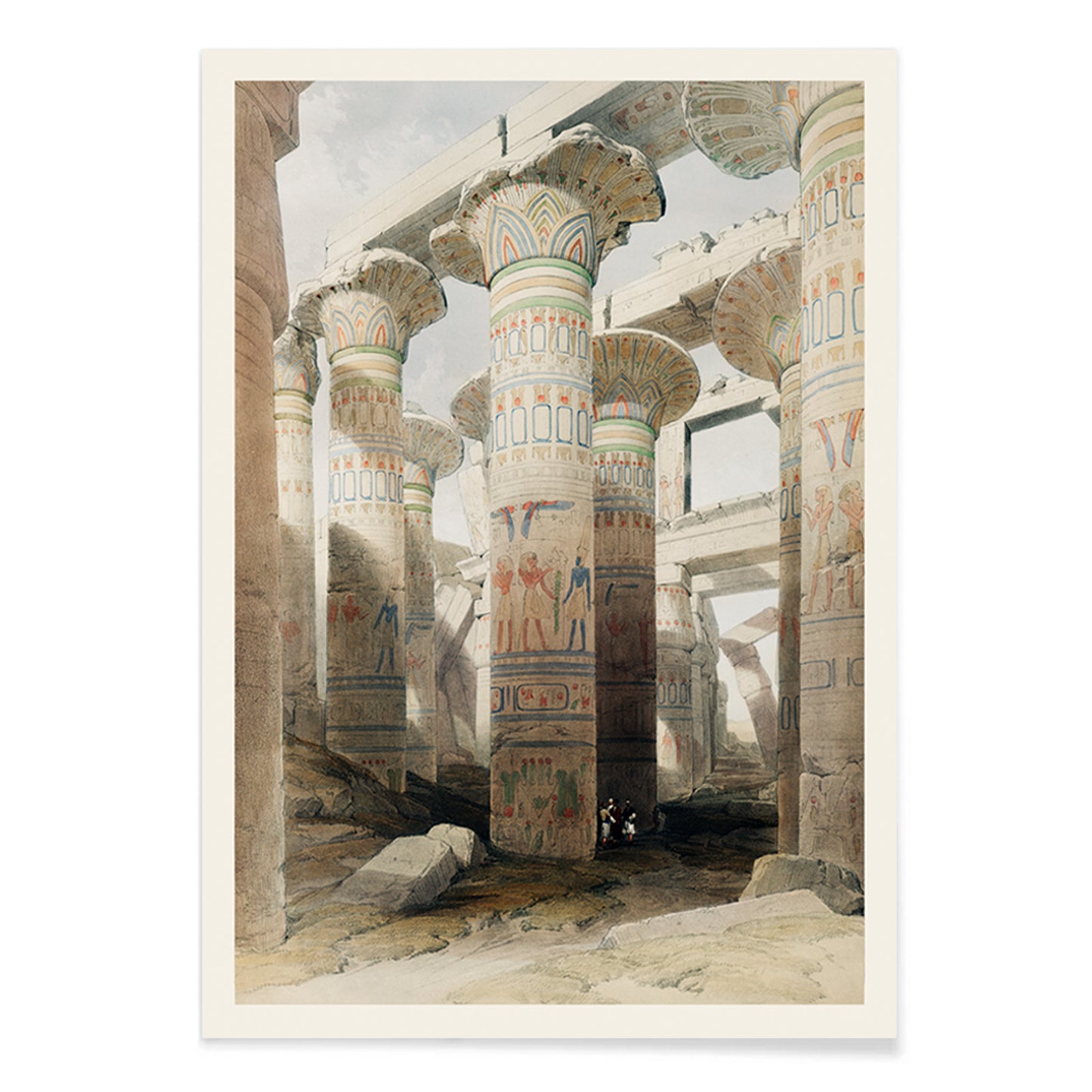 Ancient Egyptian temple columns with hieroglyphs and painted details at Karnak ruins artwork by David Roberts, with black aluminium frame on white background