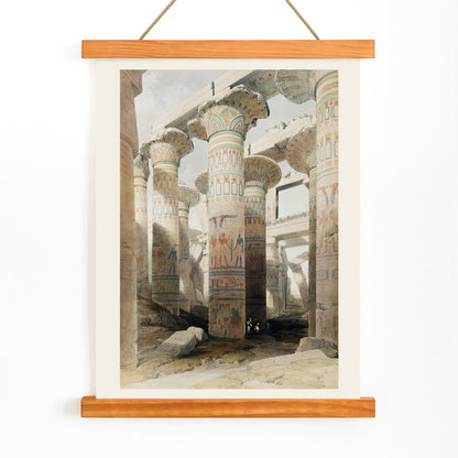 Ancient Egyptian temple columns with hieroglyphs and painted details at Karnak ruins artwork by David Roberts, with wooden magnetic frame on white background
