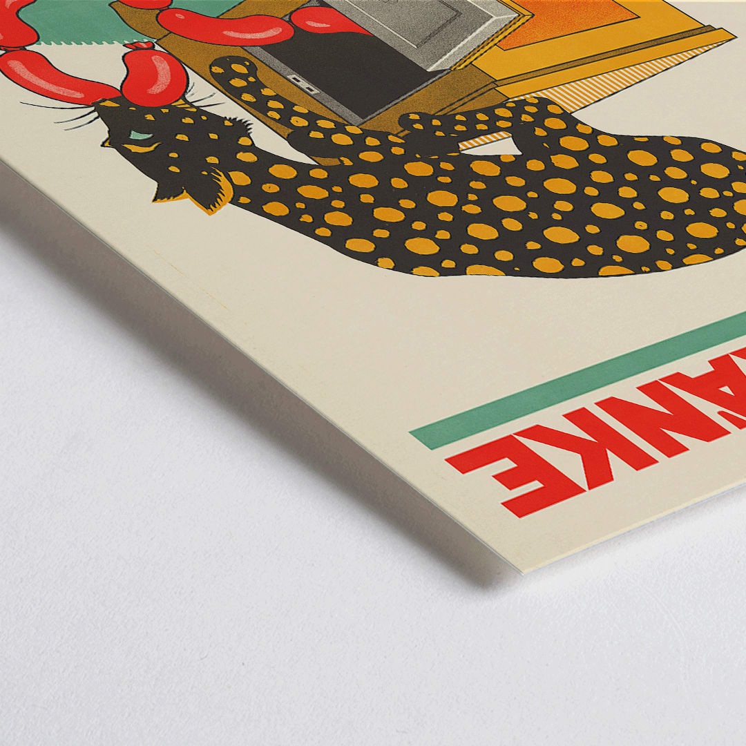 Closeup detail of Panther Sind die Besten Swiss poster with panther eating sausages from icebox lithograph by Lith Wolf