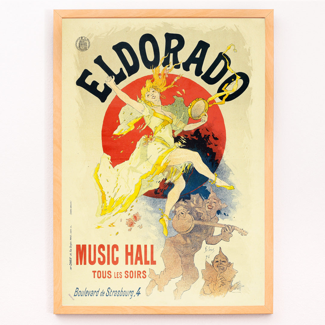 Closeup detail of Colorful cabaret poster of Eldorado Music Hall by Jules Cheret showing a lively dancing woman in yellow with musicians and bold colorful graphics