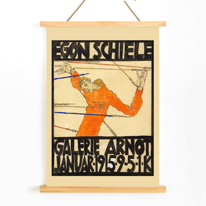 Expressionist poster by Egon Schiele featuring a contorted orange figure with bold black text Schiele-Ausstellung in der Galerie Arnot, with wooden magnetic frame on white background