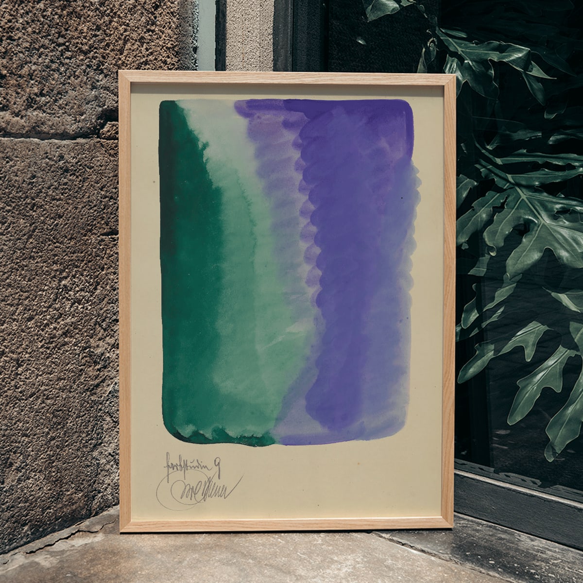 Abstract watercolor art poster with green and purple hues blending titled Farbstudien 10 Blaetter IX by Karl Wiener, framed and displayed in home decor