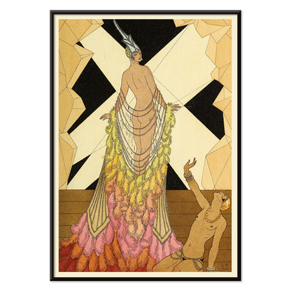 Art deco illustration and poster of elegant woman in feathered gown with kneeling figure inspired by Falbalas et fanfreluches by George Barbier, with black aluminium frame on white background