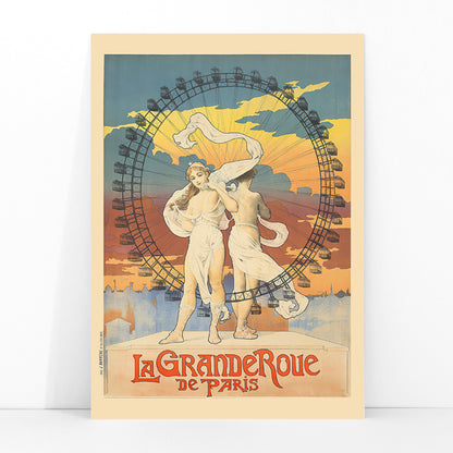 Two women in flowing dresses in front of a Ferris wheel at sunset colorful sky La Grande Roue artwork poster, framed and displayed in modern living room decor