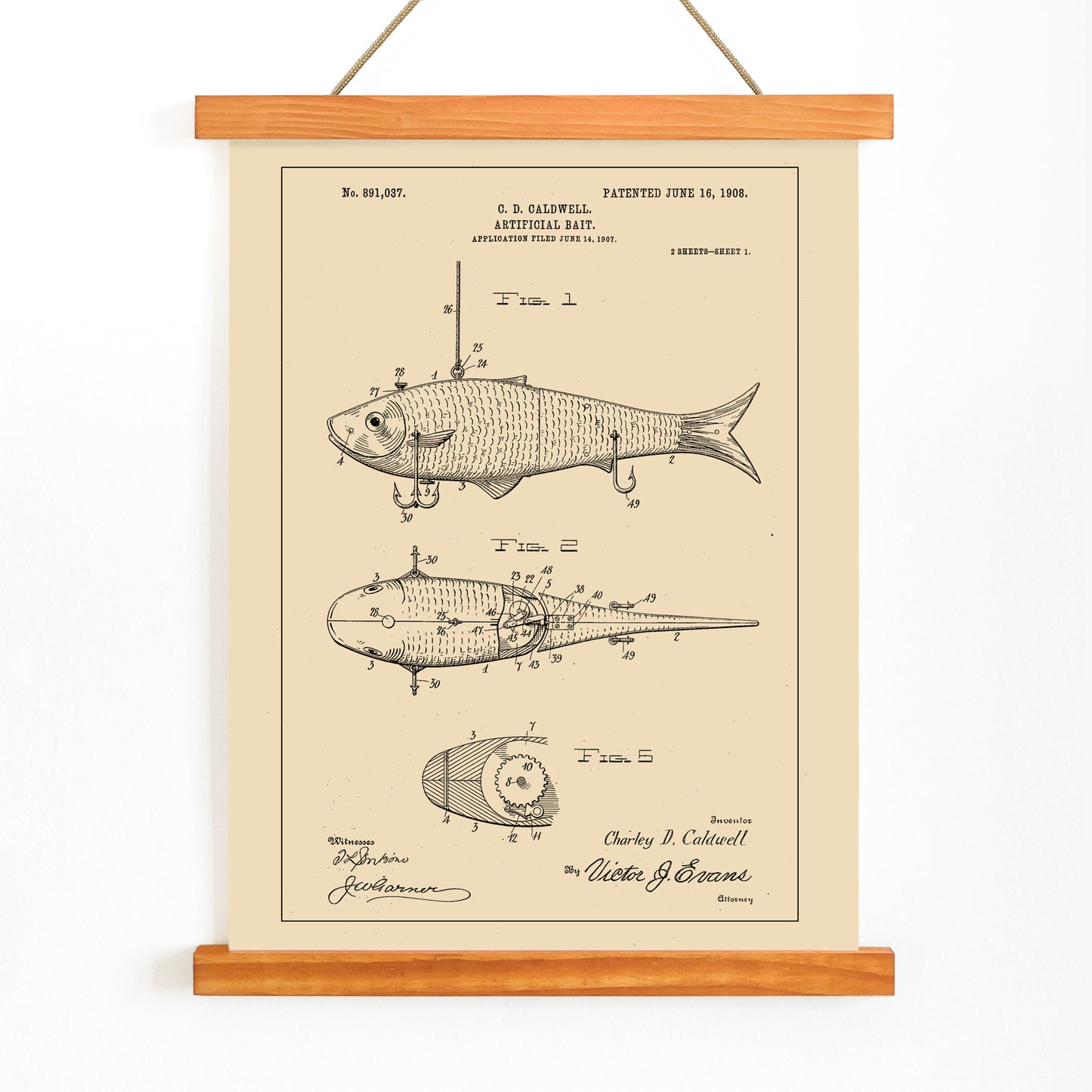 Artificial Bait Patent by C D Caldwell detailed vintage fish lure illustration and mechanical design poster artwork, with wooden magnetic frame on white background