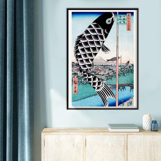 Large carp windsock over bridge with Mount Fuji river landscape artwork by Utagawa Hiroshige Suidobashi Bridge and Surugadai, framed and displayed in home decor