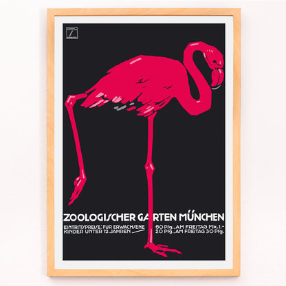 Ludwig Hohlwein poster of a pink flamingo on dark background for Zoologischer Garten München, framed and displayed in modern living room decor