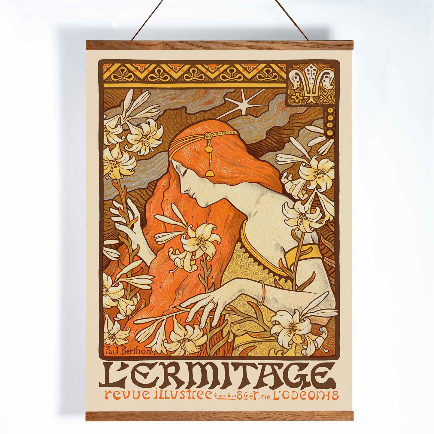 Paul Berthon LErmitage poster with red-haired woman, lilies and floral Art Nouveau ornament, with wooden magnetic frame on white background