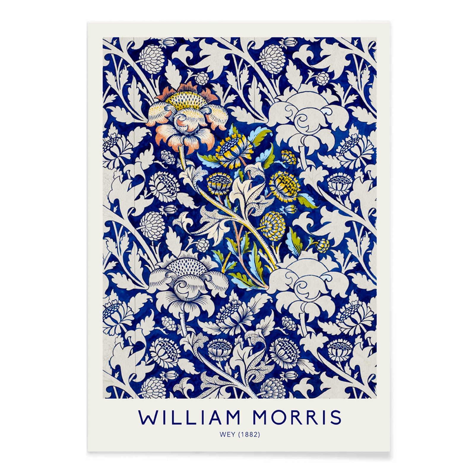 Floral fabric pattern and watercolour poster with intricate blue and white design by William Morris Wey, with black aluminium frame on white background
