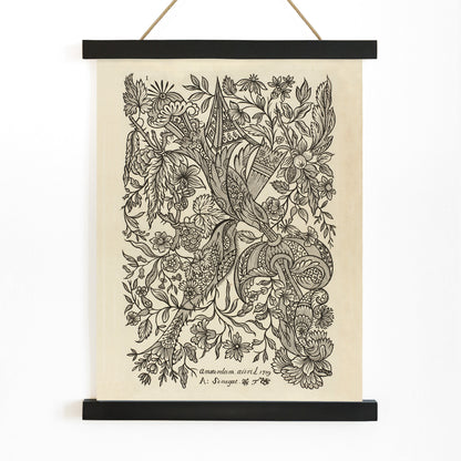 Intricate black and white floral textile pattern artwork poster by Alexander Senegat, with wooden magnetic frame on white background