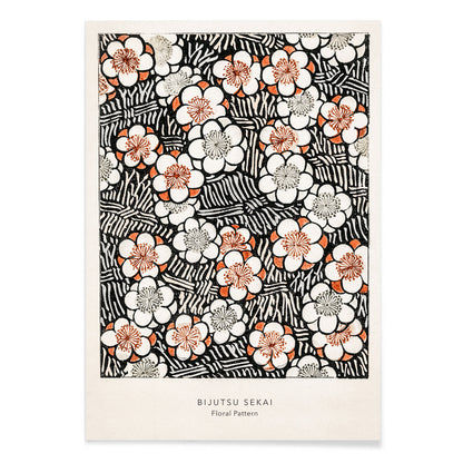 Floral pattern artwork by Watanabe Seitei from Bijutsu Sekai in traditional Kacho-ga style featuring intricate white and orange flowers and leaves poster, with black aluminium frame on white background