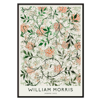 Floral botanical pattern of jasmine flowers and green orange leaves by William Morris artwork poster, with black aluminium frame on white background