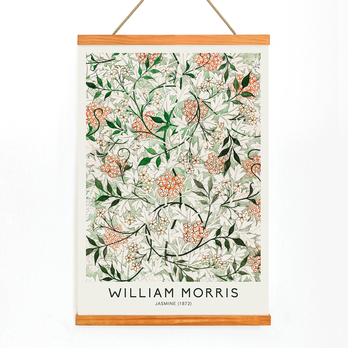 Floral botanical pattern of jasmine flowers and green orange leaves by William Morris artwork poster, with wooden magnetic frame on white background