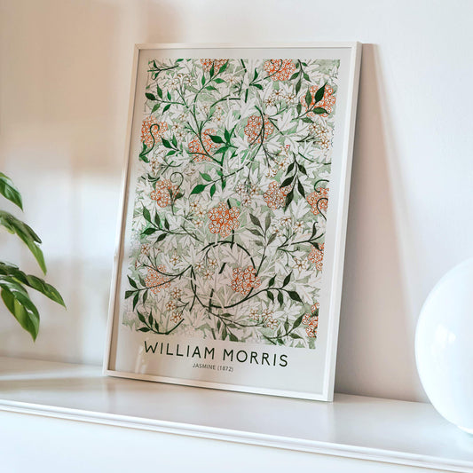 Floral botanical pattern of jasmine flowers and green orange leaves by William Morris artwork poster, framed and displayed in home decor