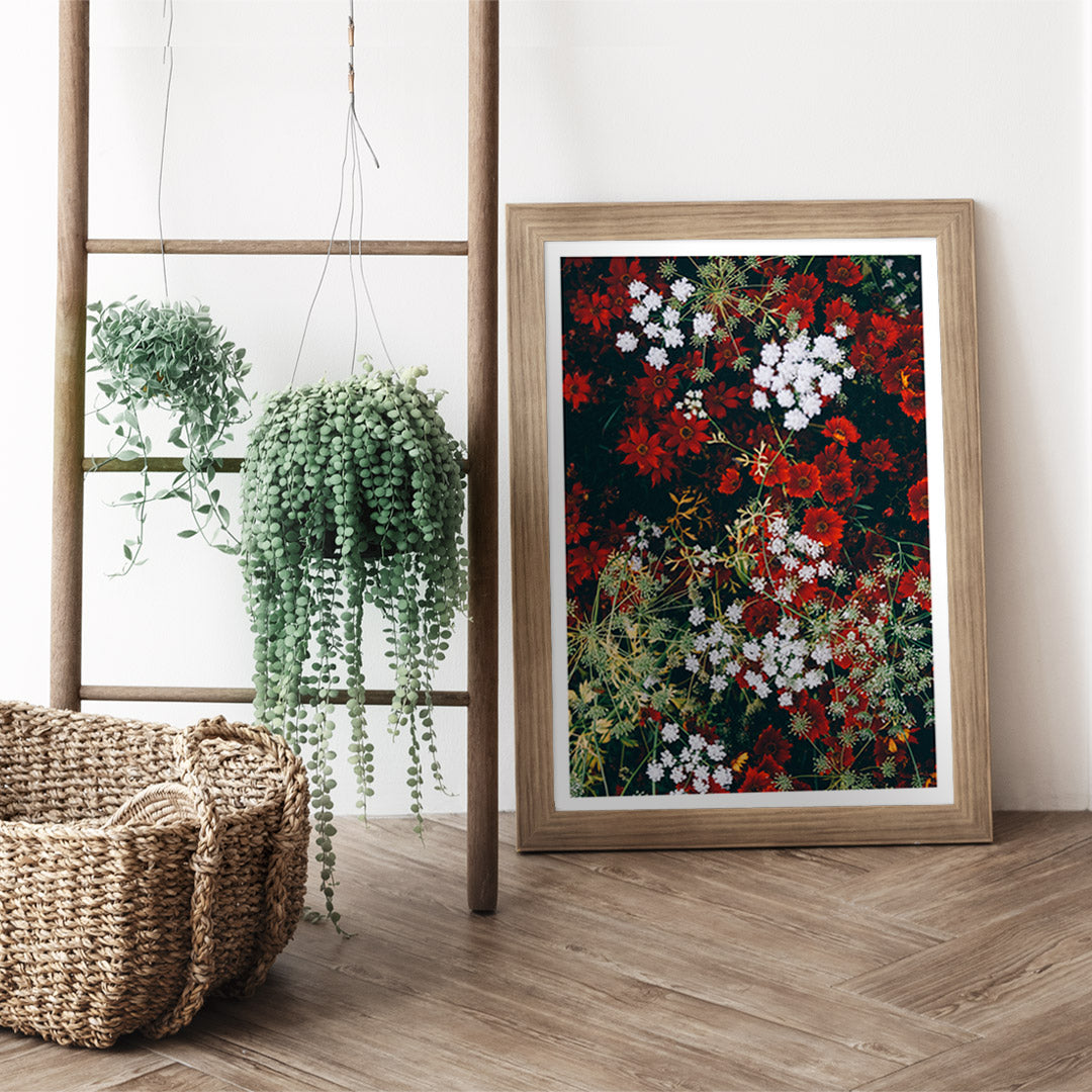 Overhead shot of red and white flowers artwork poster, framed and displayed in home decor