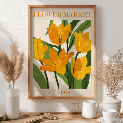 Yellow and orange flowers with green leaves illustrated poster titled Flower Market Lisbon by Moryarty, framed and displayed in home decor