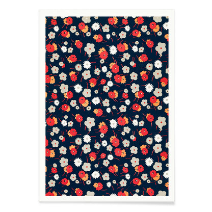 Colorful floral pattern poster with white gray pink and red flowers on dark background by Charles Goy, with black aluminium frame on white background