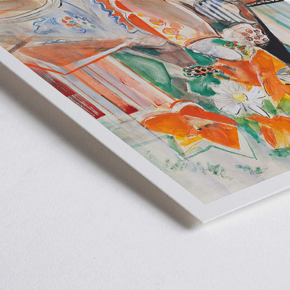 Closeup detail of Floral still life poster by Oskar Moll with vibrant flowers in striped jug and bowl on colorful tablecloth