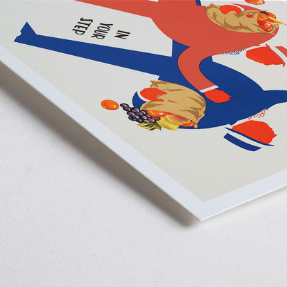 Closeup detail of Colorful WPA Health Department illustration and poster promoting fruit consumption with stylized figures carrying baskets and the message Eat More Fruit