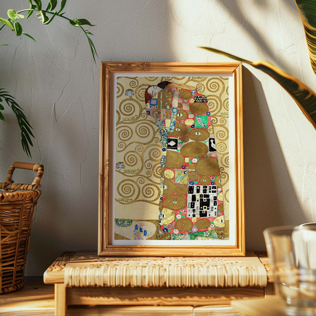 Fulfillment by Gustav Klimt vibrant embrace poster with intricate figures colorful patterns and swirling golden backgrounds, framed and displayed in home decor