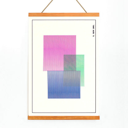 Abstract geometric art poster with colorful overlapping and vertical lines in red blue and green by W Soya inspired by Red Blue Green modern decor, with wooden magnetic frame on white background
