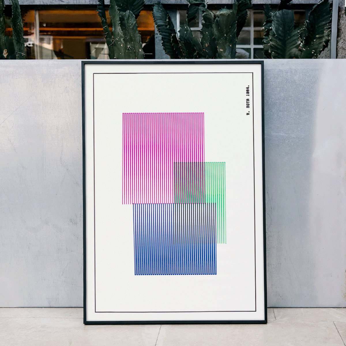 Abstract geometric art poster with colorful overlapping and vertical lines in red blue and green by W Soya inspired by Red Blue Green modern decor, framed and displayed in modern living room decor