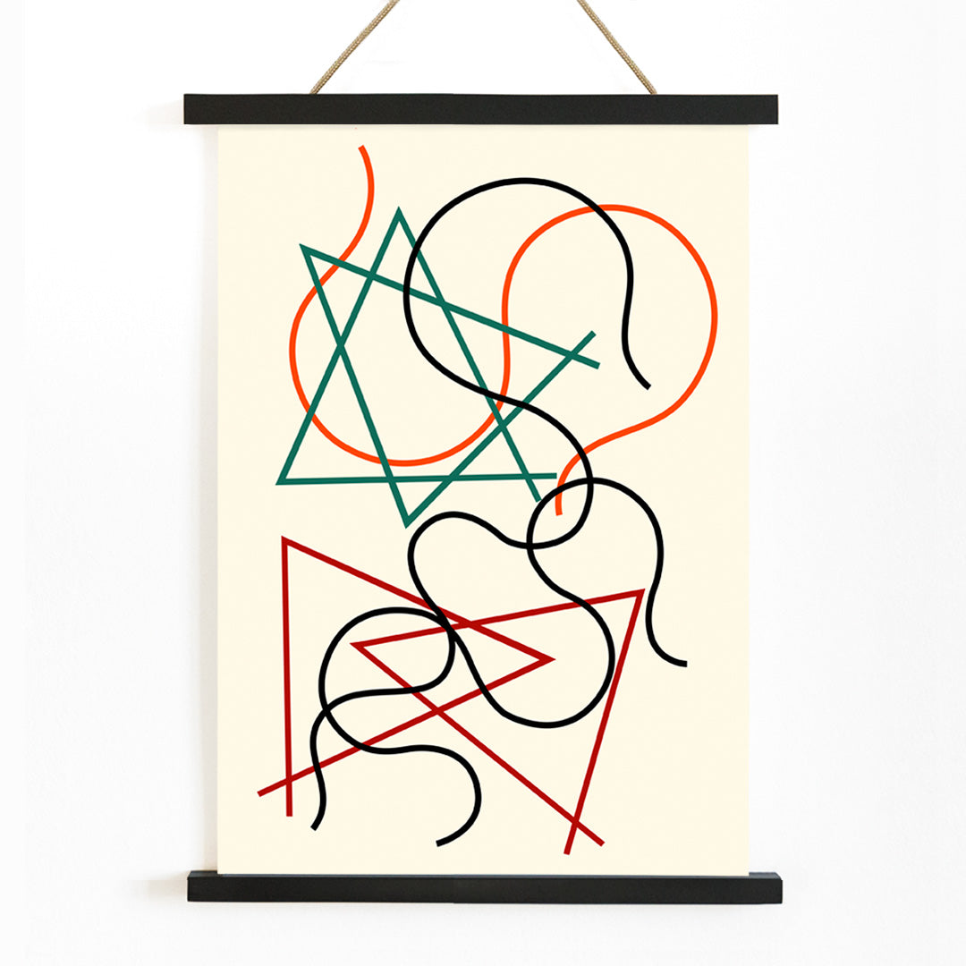 Abstract geometric and wavy lines artwork in green red orange and black by Myriam Thyes titled Lignes géométriques et ondoyantes, with wooden magnetic frame on white background