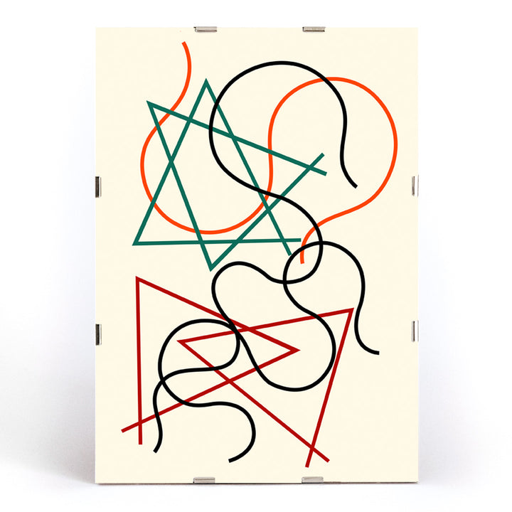 Abstract geometric and wavy lines artwork in green red orange and black by Myriam Thyes titled Lignes géométriques et ondoyantes, framed and displayed in modern living room decor