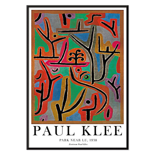 Exhibition poster of Park Near Lu by Paul Klee featuring vibrant abstract shapes and bold lines in diverse colors, with black aluminium frame on white background