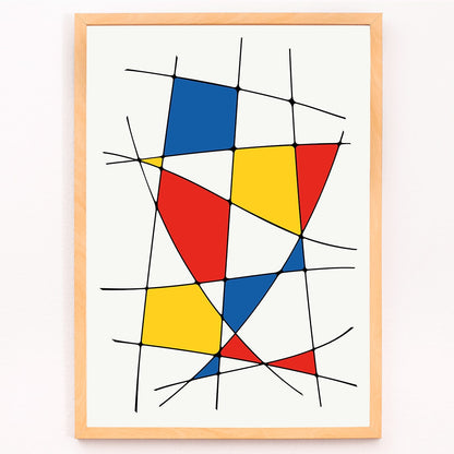 Abstract art painting and poster titled Geometric Lines and colors 1 featuring intersecting black lines with red yellow and blue colorful shapes, framed and displayed in modern living room decor