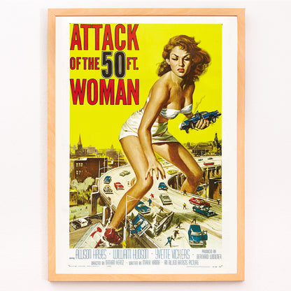 Closeup detail of Giant woman towering over city and highway holding cars Attack of the 50ft Woman poster artwork by Reynold Brown