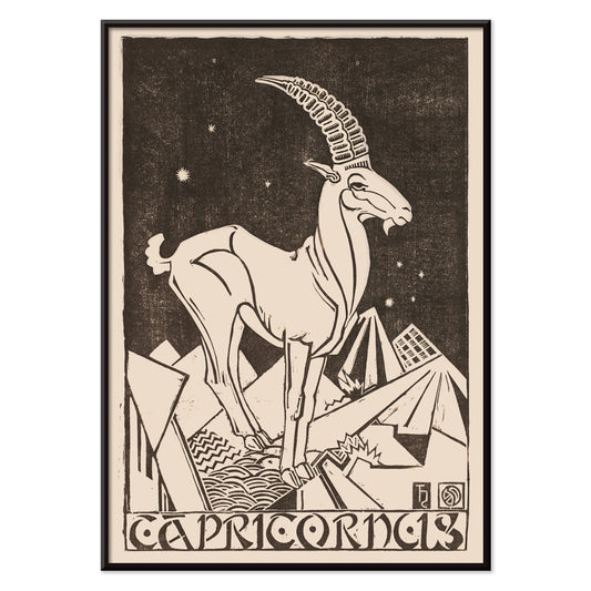 Capricorn zodiac sign illustration and poster featuring a stylized goat under stars in an abstract landscape artwork titled Capricornus by Henri van der Stok, with black aluminium frame on white background