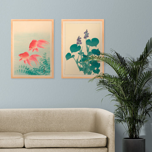 Two Goldfishes by Ohara Koson poster with two vibrant goldfish swimming among aquatic plants in blue water, framed and displayed in home decor