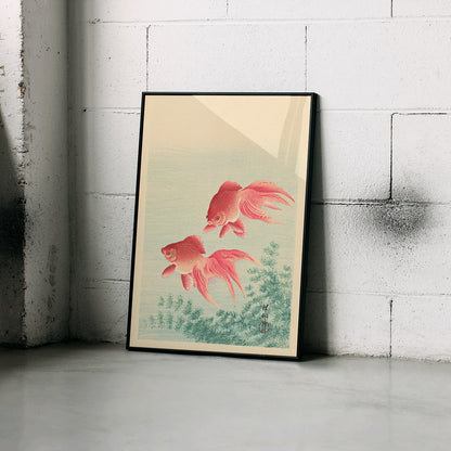 Two Goldfishes by Ohara Koson poster with two vibrant goldfish swimming among aquatic plants in blue water, framed and displayed in modern living room decor