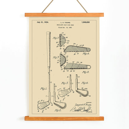 L A Young Resilient Golf Club Head Patent Illustration Design Drawings and Poster with Technical Specifications, with wooden magnetic frame on white background
