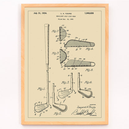 L A Young Resilient Golf Club Head Patent Illustration Design Drawings and Poster with Technical Specifications, framed and displayed in modern living room decor